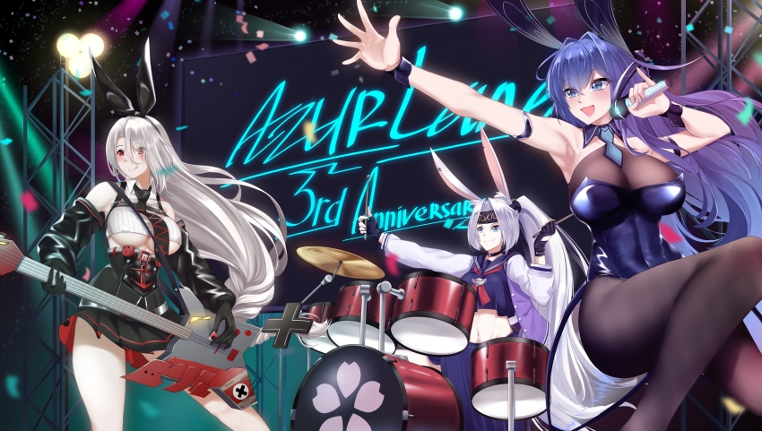 3girls, absurdres, animal_ears, azur_lane, bass_guitar, black_leotard, black_pantyhose, breasts