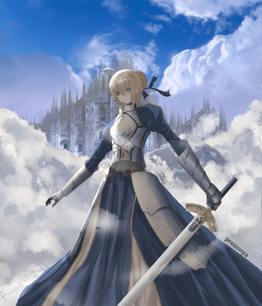 1girl, absurdres, ahoge, architecture, armor, armored_dress, artist_name, artoria_pendragon_(fate), blonde_hair, blue_dress, blue_ribbon, blue_sky, braid, braided_bun, breastplate, castle, cloud, cloudy_sky, dress, excalibur_(fate/stay_night), eyes_visible_through_hair, fate/stay_night, fate_(series), female_knight, full_body, gauntlets, hair_between_eyes, hair_bun, hair_ribbon, highres, holding, holding_sword, holding_weapon, huge_filesize, knight, long_sleeves, prezonya46, ribbon, saber_(fate), single_hair_bun, sky, solo, sword, water, waves, weapon