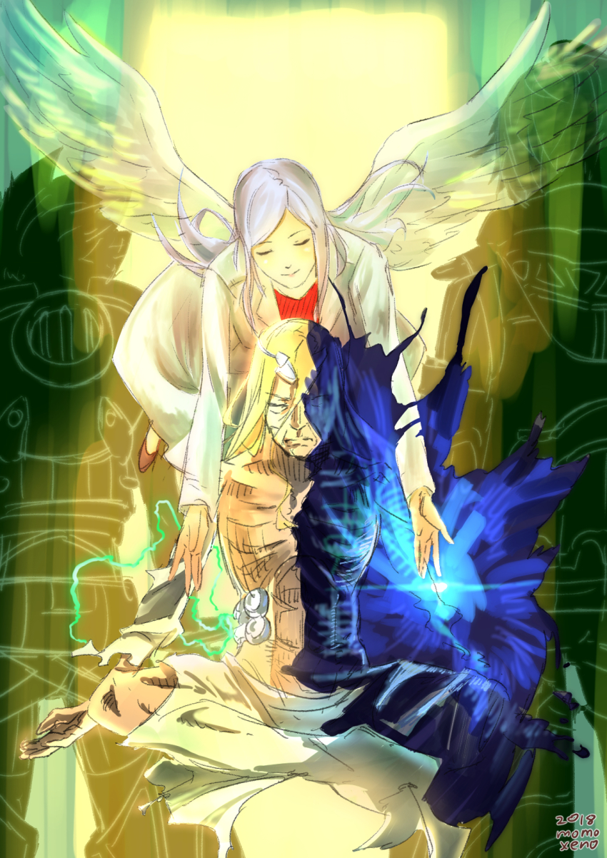 1girl, 3boys, angel_wings, architect_(xenoblade), blonde_hair, feathered_wings, galea_(xenoblade), highres