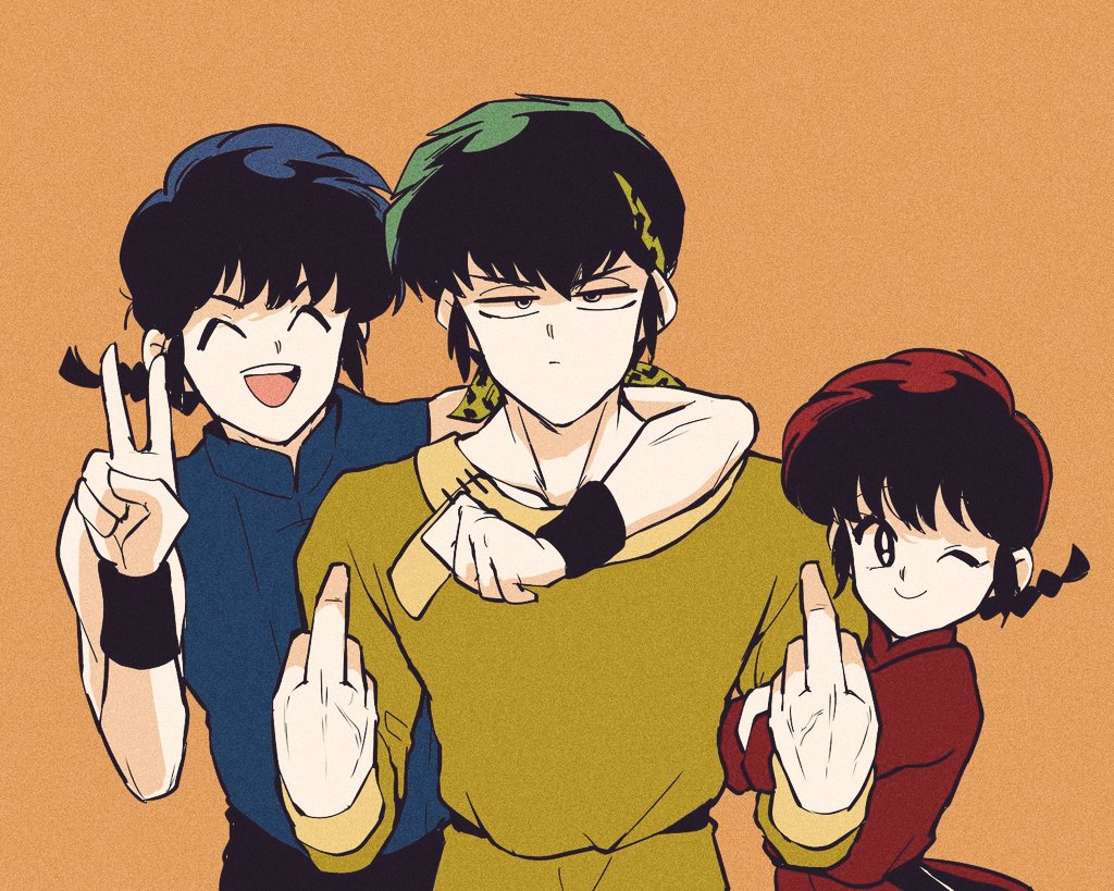 1girl, 2boys, hibiki_ryouga, maru_handa, middle_finger, multiple_boys, one_eye_closed, ranma-chan