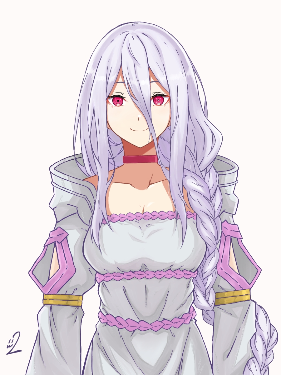 1girl, beige_background, braid, choker, collarbone, dress, extra_pupils, hair_between_eyes, highres, hood, hood_down, hooded_dress, kumo_desu_ga_nani_ka?, kumoko_(kumo_desu_ga_nani_ka?), long_braid, long_hair, looking_at_viewer, purple_choker, purple_eyes, san_ni_ichi_ichi, shiraori, silver_hair, single_braid, smile, solo, spoilers, upper_body, very_long_hair, white_dress