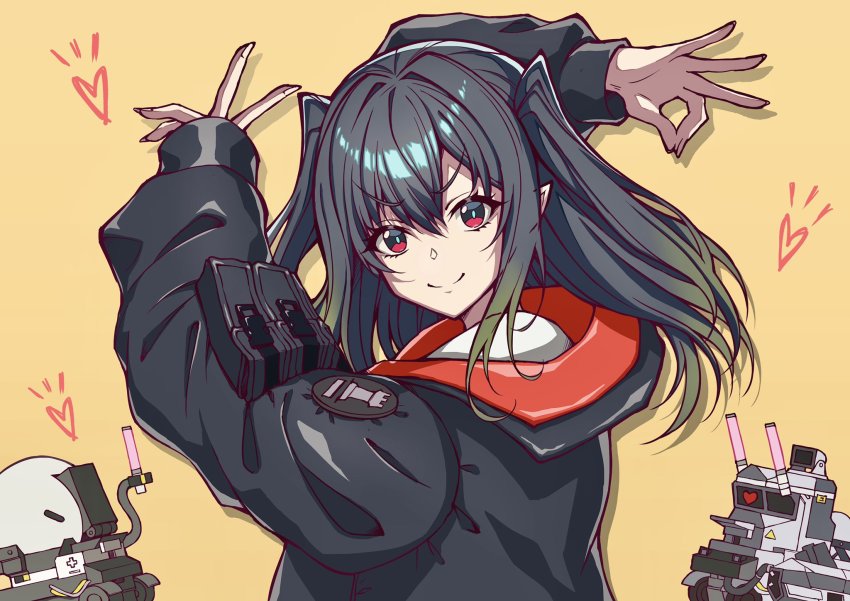 arknights, black_hair, castle-3_(arknights), closed_mouth, closure_(arknights), glowstick, goodbye_sengen_(vocaloid), heart