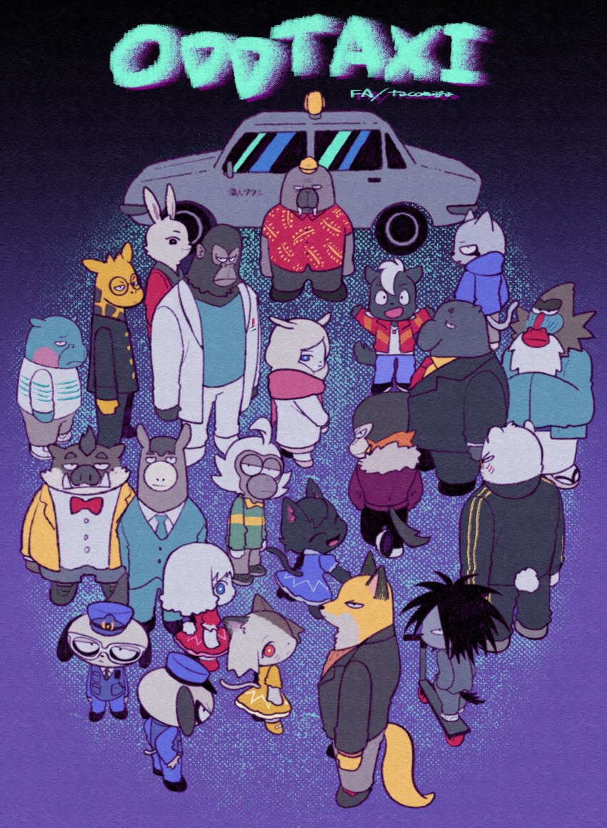 4girls, 6+boys, absurdres, alpaca, alpaca_girl, animal, ape, baba_atsuya, baseball_cap, business_suit, casual, cat, coat, copyright_name, daimon_kenshirou, daimon_koushirou, dobu_(odd_taxi), dog, everyone, expressionless, facing_away, facing_to_the_side, facing_viewer, formal_clothes, furry, furry_male, giraffe, glasses, gorilla, gouriki_ayumu, hands_in_opposite_sleeves, hands_in_pockets, hat, highres, hoshizuki_shin, ichimura_shiho, imai_shun, japan_national_police, kabasawa_taichi, kakihana_eiji, koshianpancake, long_sleeves, looking_at_viewer, mitsuya_yuki, monkey, motor_vehicle, multiple_boys, multiple_girls, nagashima_satoshi, nikaidou_rui, no_eyewear, odd_taxi, odokawa_hiroshi, own_hands_together, pink_scarf, police, police_uniform, scarf, school_uniform, scooter, sekiguchi_(odd_taxi), shibagaki_kensuke, shirakawa_(odd_taxi), shirakawa_miho, short_sleeves, smile, standing, suit, taxi, track_suit, utubomamire, wadagaki_sakura, walrus, white_coat, yamamoto_fuyuki, yano_(odd_taxi), yellow_headwear