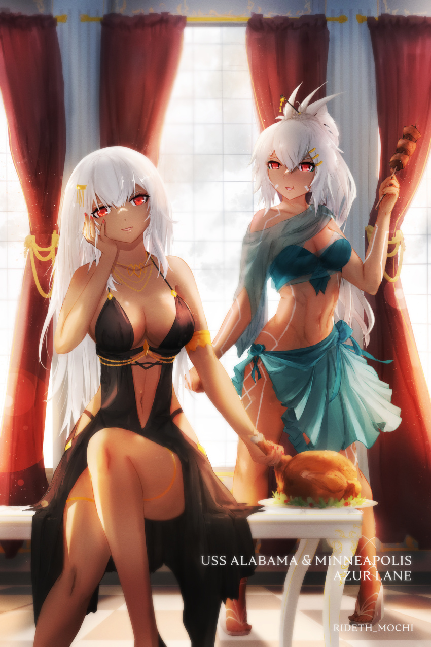 2girls, absurdres, alabama_(azur_lane), alternate_costume, alternate_hairstyle, artist_name, azur_lane, bare_shoulders, black_dress, body_markings, breasts, center_opening, character_name, cleavage, cocktail_glass, cup, dark-skinned_female, dark_skin, dress, drinking_glass, evening_gown, facial_mark, food, hair_down, hair_ornament, hand_on_own_cheek, hand_on_own_face, high_heels, highres, holding, holding_food, indoors, large_breasts, long_hair, looking_at_viewer, minneapolis_(azur_lane), multiple_girls, native_american, navel, red_eyes, rideth_mochi, shish_kebab, skewer, sleeveless, sleeveless_dress, white_dress, white_footwear