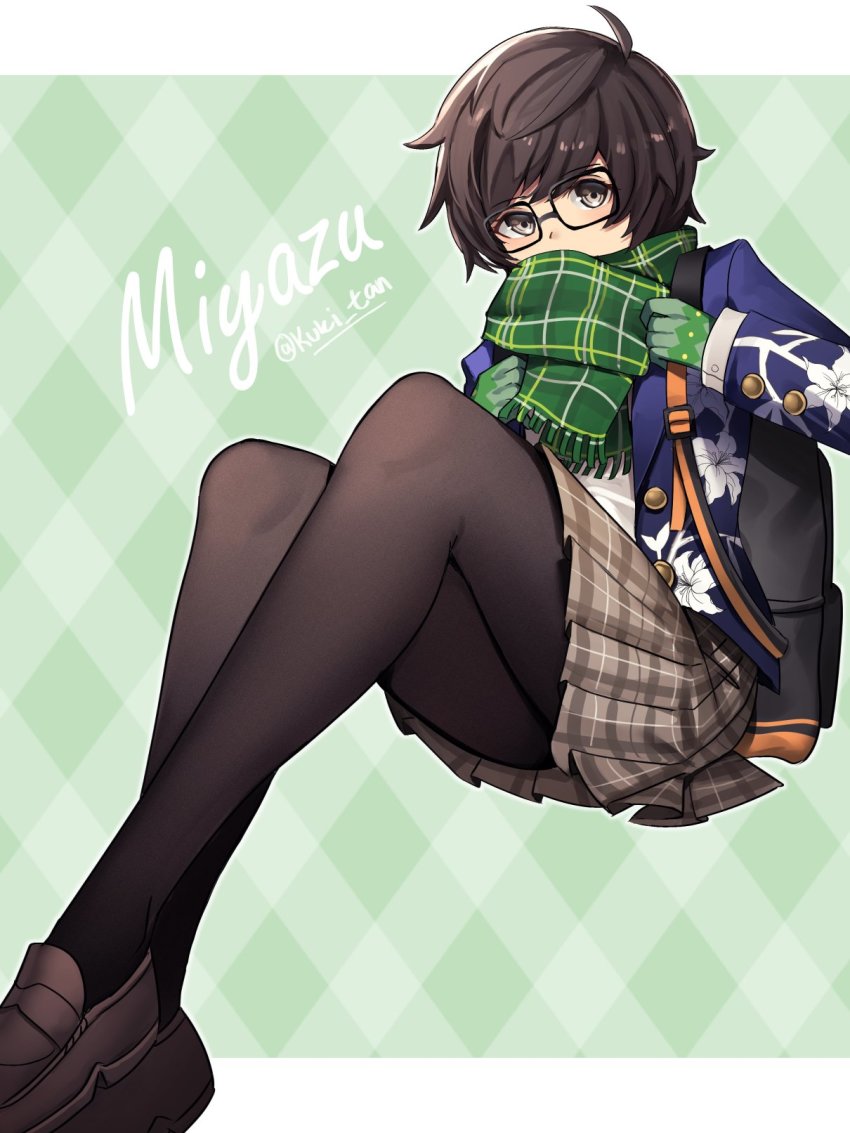 1girl, atsuta_miyazu, black_hair, character_name, embarrassed, glasses, gloves, highres, kuki_tan, looking_at_viewer, pantyhose, scarf, school_uniform, shin_megami_tensei, shin_megami_tensei_v, short_hair, simple_background, skirt, solo, sweater, wavy_hair