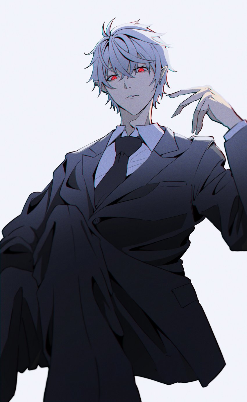 1boy, absurdres, black_necktie, collared_shirt, formal_clothes, glowing, glowing_eyes, grey_jacket, hair_behind_ear, highres, in_(in_0907), jacket, kuzuha_(nijisanji), leaning_back, looking_at_viewer, looking_down, male_focus, necktie, nijisanji, open_hand, pointy_ears, red_eyes, shirt, silver_hair, solo, suit, virtual_youtuber, white_shirt