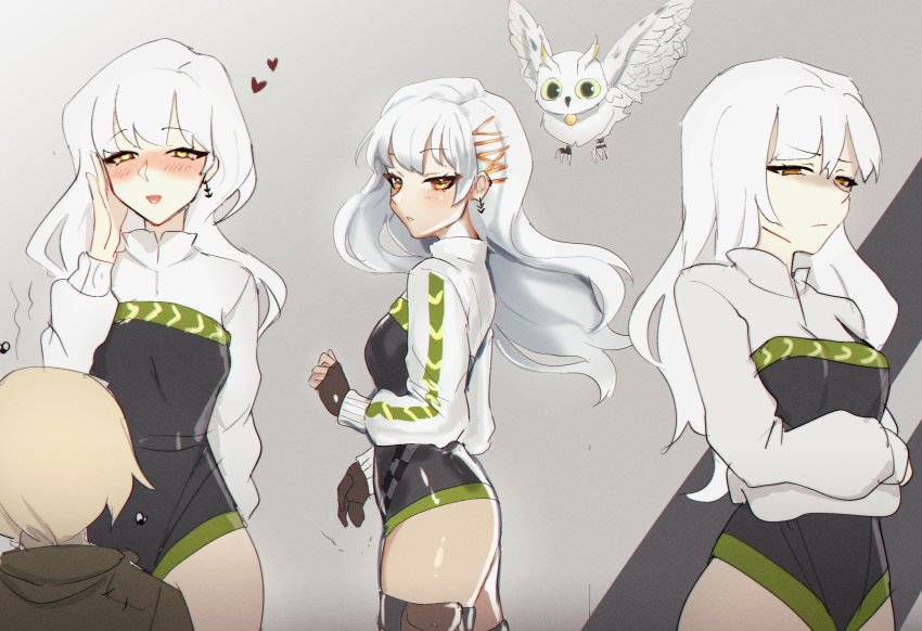 1boy, 1girl, age_difference, annoyed, bird, black_gloves, black_leotard, blonde_hair, blush, breasts, brown_eyes, commentary, cres, crossed_arms, english_commentary, floating_hair, frown, gloves, grey_background, hair_behind_ear, heart, heart_in_eye, highres, hololive, hololive_english, leotard, multiple_views, mythbreakers_(hololive_english), onee-shota, owl, shaded_face, small_breasts, smile, symbol_in_eye, tiara_(mythbreakers), uhu_(mythbreakers), virtual_youtuber, watoto_(mythbreakers), white_hair, world_of_darkness