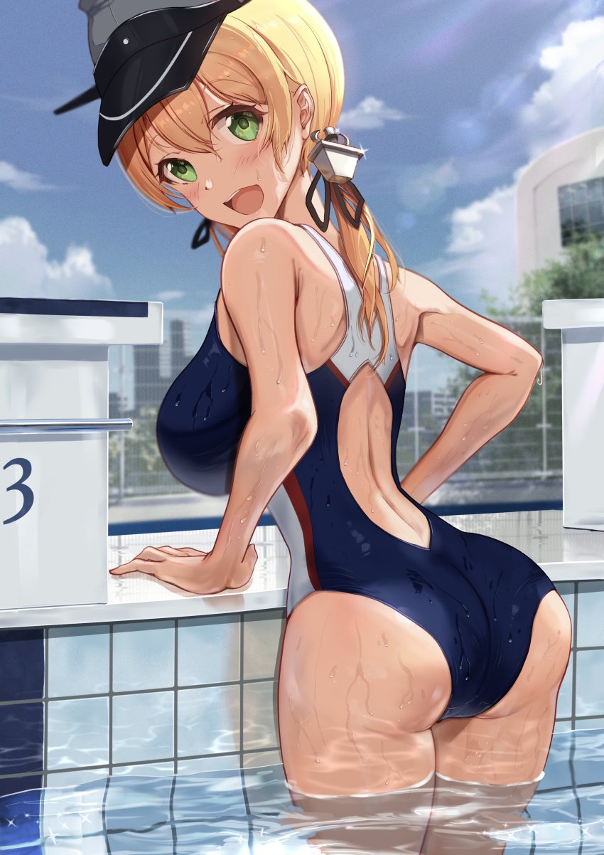1girl, absurdres, anchor_hair_ornament, ass, back, blonde_hair, blush, breasts