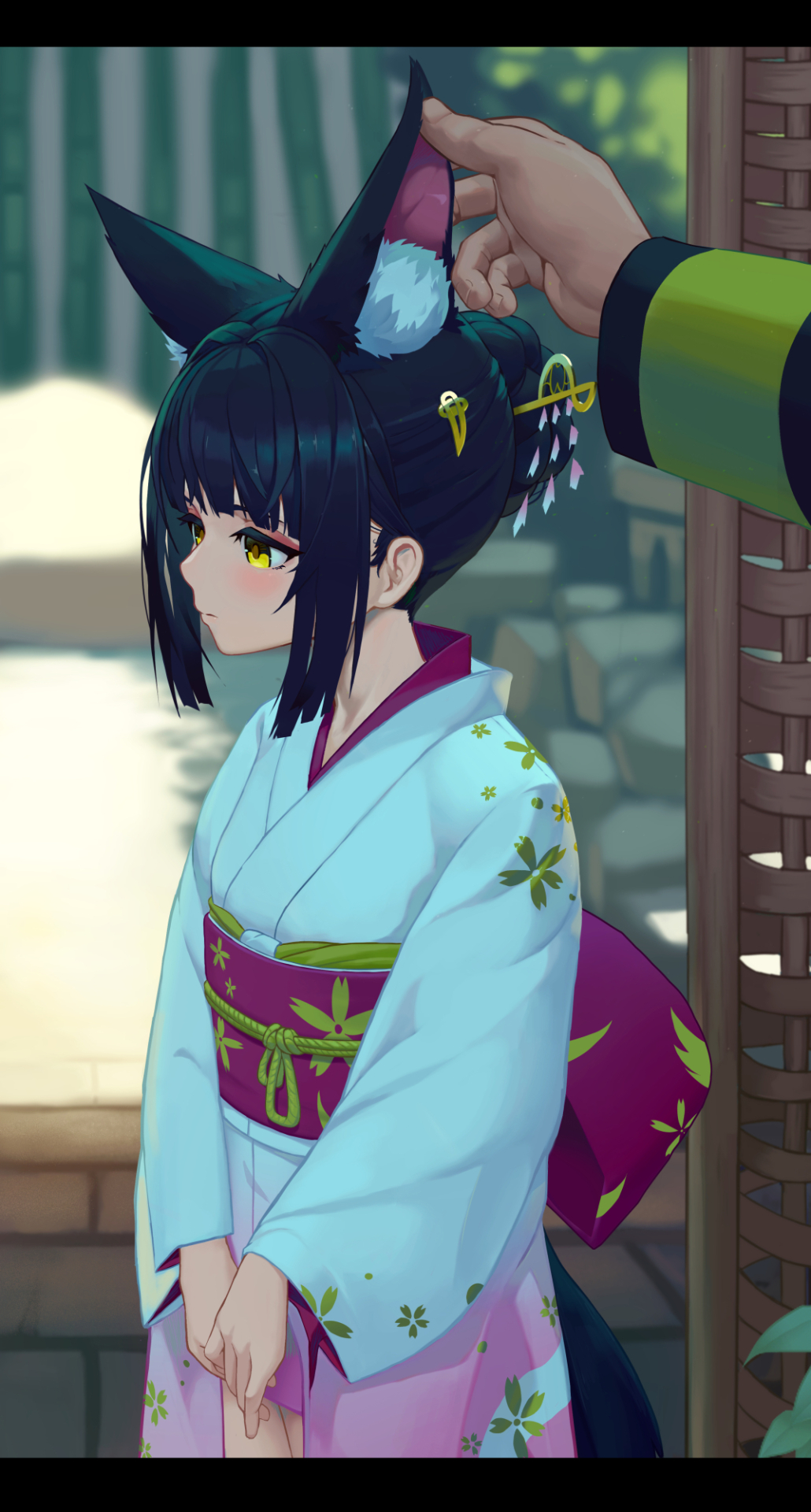 1boy, 1girl, alternate_costume, alternate_hairstyle, animal_ear_fluff, animal_ears, azur_lane, black_hair, blurry, blurry_background, commander_(azur_lane), dalian_(1457091741), fox_ears, hair_ornament, hair_stick, hand_on_another's_ear, highres, japanese_clothes, kimono, long_hair, nagato_(azur_lane), outdoors, purple_sash, sash, touching_ears, white_kimono, yellow_eyes, yukata