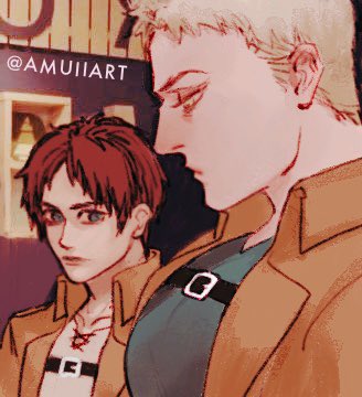 2boys, amuii, blonde_hair, breast_envy, brown_hair, bursting_pectorals, chest_harness, collared_jacket