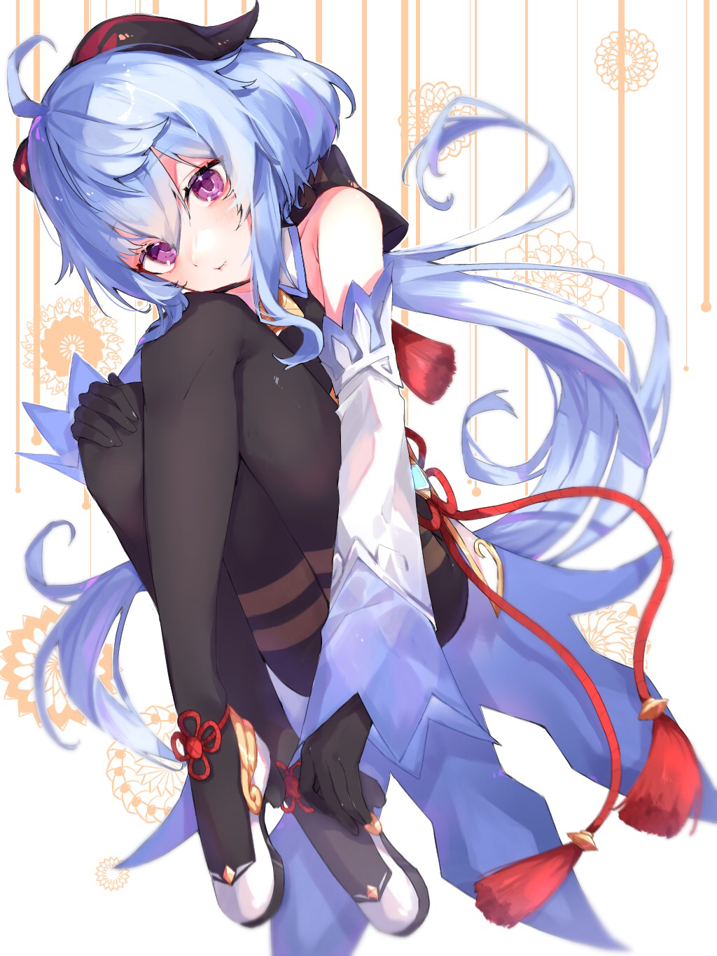 1girl, ahoge, anatom_orange, bad_id, bad_pixiv_id, bare_shoulders, bell, black_bodysuit, blue_hair, bodysuit, cowbell, detached_sleeves, ganyu_(genshin_impact), genshin_impact, goat_horns, gold_trim, high_heels, highres, horns, long_hair, purple_eyes, shoes, solo, vision_(genshin_impact)