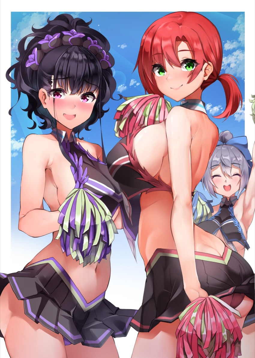 3girls, ass, bare_shoulders, boudica_(fate), breasts, brynhild_(cheer_for_master)_(fate), brynhild_(fate), butt_crack, fate/grand_order, fate_(series), flower, green_eyes, hair_between_eyes, hair_flower, hair_ornament, hair_up, highres, large_breasts, long_hair, looking_at_viewer, multiple_girls, murasaki_shikibu_(fate), murasaki_shikibu_(swimsuit_rider)_(first_ascension)_(fate), navel, ponytail, purple_eyes, purple_hair, red_hair, sezok, silver_hair, thighs, tomoe_gozen_(fate)