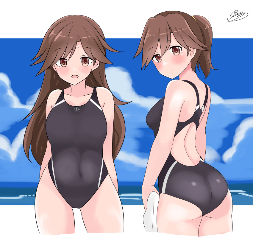 2girls, absurdres, alternate_hairstyle, arashio_(kancolle), ass, back, beach, black_one-piece_swimsuit