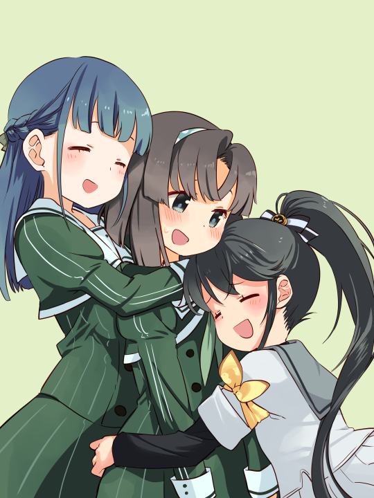 3girls, ayanokouji_martial_arts_school_uniform, black_hair, blue_hair, blush, braid, commentary_request, closed_eyes