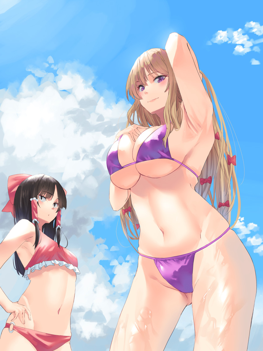 2girls, absurdres, alternate_costume, arm_up, armpits, bikini, black_eyes, black_hair