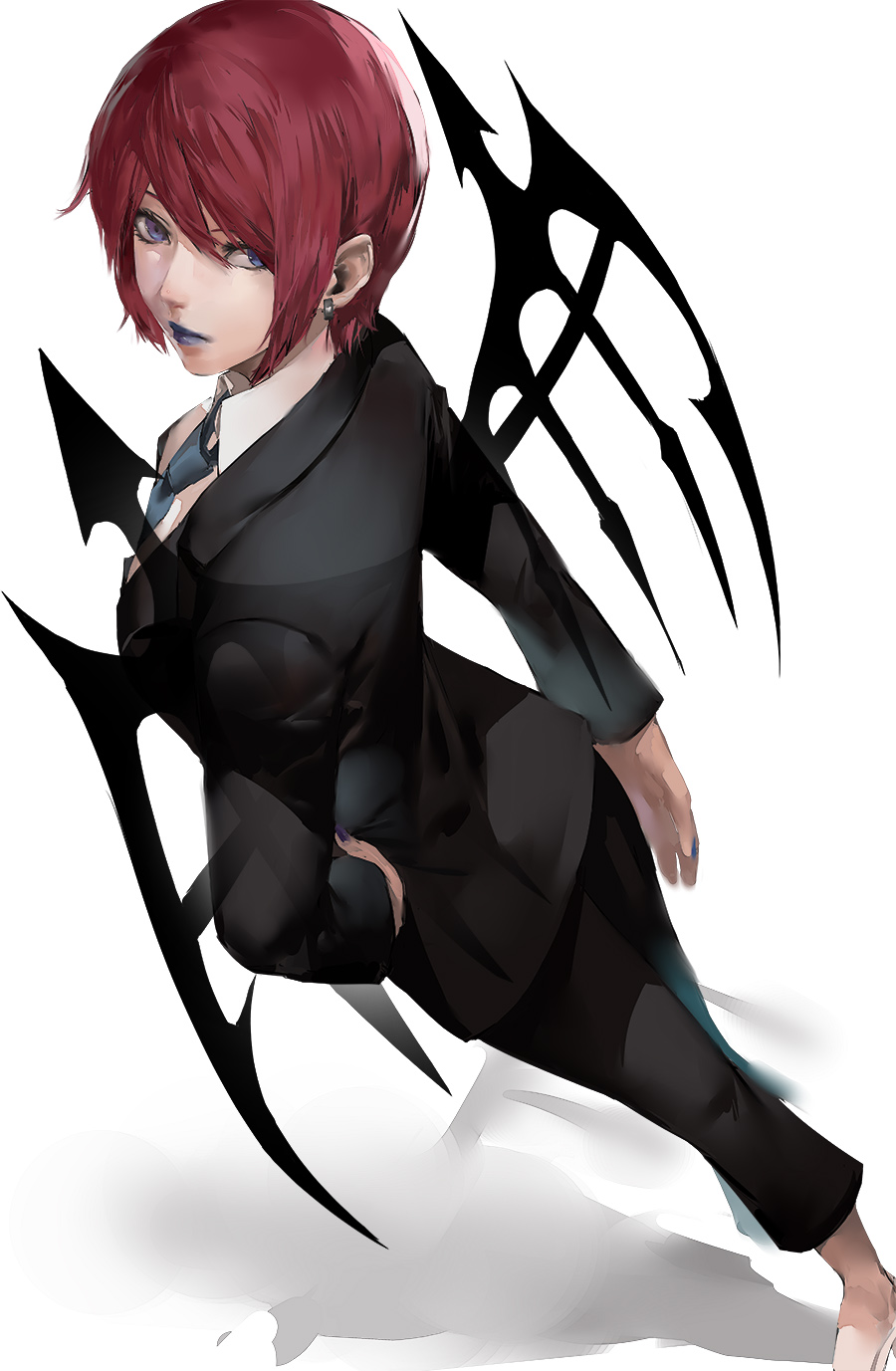 1girl, black_jacket, black_pants, black_wings, blazpu, blue_eyes, blue_lips, blue_necktie