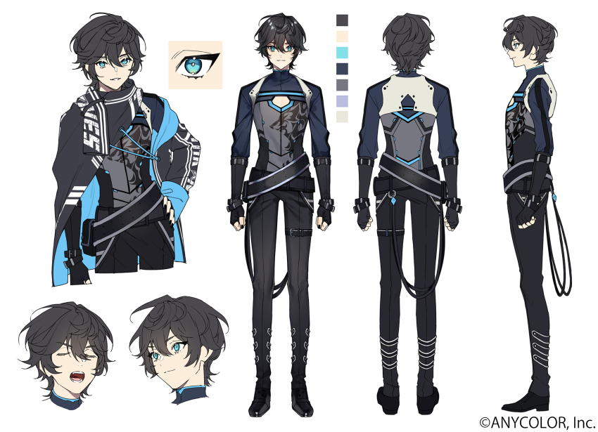 1boy, axia_krone, axia_krone_(1st_costume), black_bodysuit, black_footwear, black_gloves, black_nails, black_pants