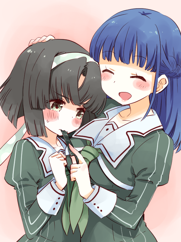 2girls, black_hair, blue_hair, blush, braid, clenched_hand, commentary_request, closed_eyes, feeding, hair_ribbon, hairband, headpat, height_difference, heijou_institute_school_uniform, koike_saaya, medium_hair, multiple_girls, musumi_kiyoka, open_mouth, ribbon, school_uniform, short_hair, simple_background, sweatdrop, takano_natsuki, toji_no_miko