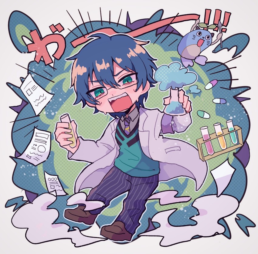 1boy, aqua_eyes, aqua_vest, beaker, blue_pants, chibi, collared_shirt, explosion, gasame, glasses, grey_shirt, highres, holding, holding_test_tube, leos_vincent, leos_vincent_(1st_costume), male_focus, mameneko_(leos_vincent), nervous_sweating, nijisanji, open_mouth, pants, paper, purple_neckwear, shirt, smoke, solo, sweat, test_tube, vest, virtual_youtuber