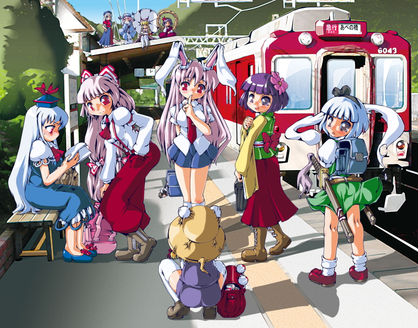 6+girls, backpack, bag, bench, book, boots, female_focus, fujiwara_no_mokou, hieda_no_akyuu, high_heels, highres, hitodama, kamishirasawa_keine, katana, kintetsu_railway, konpaku_youmu, konpaku_youmu_(ghost), moriya_suwako, multiple_girls, multiple_unit_train, nara_prefecture, old_maid_alliance_(touhou), open_book, overhead_line, pumps, purple_eyes, purple_hair, randoseru, reading, red_eyes, reisen_udongein_inaba, saigyouji_yuyuko, school_bag, sukiyo, sword, tactile_paving, thighhighs, touhou, train, train_station, train_station_platform, weapon, white_hair, yagokoro_eirin, yakumo_yukari, yasaka_kanako, yoshino_(town)