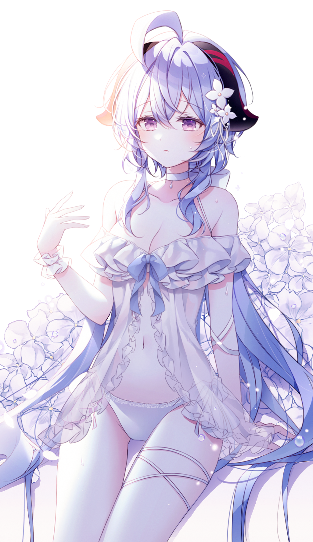 1girl, ahoge, babydoll, backlighting, bare_shoulders, blue_hair, blue_panties, breasts