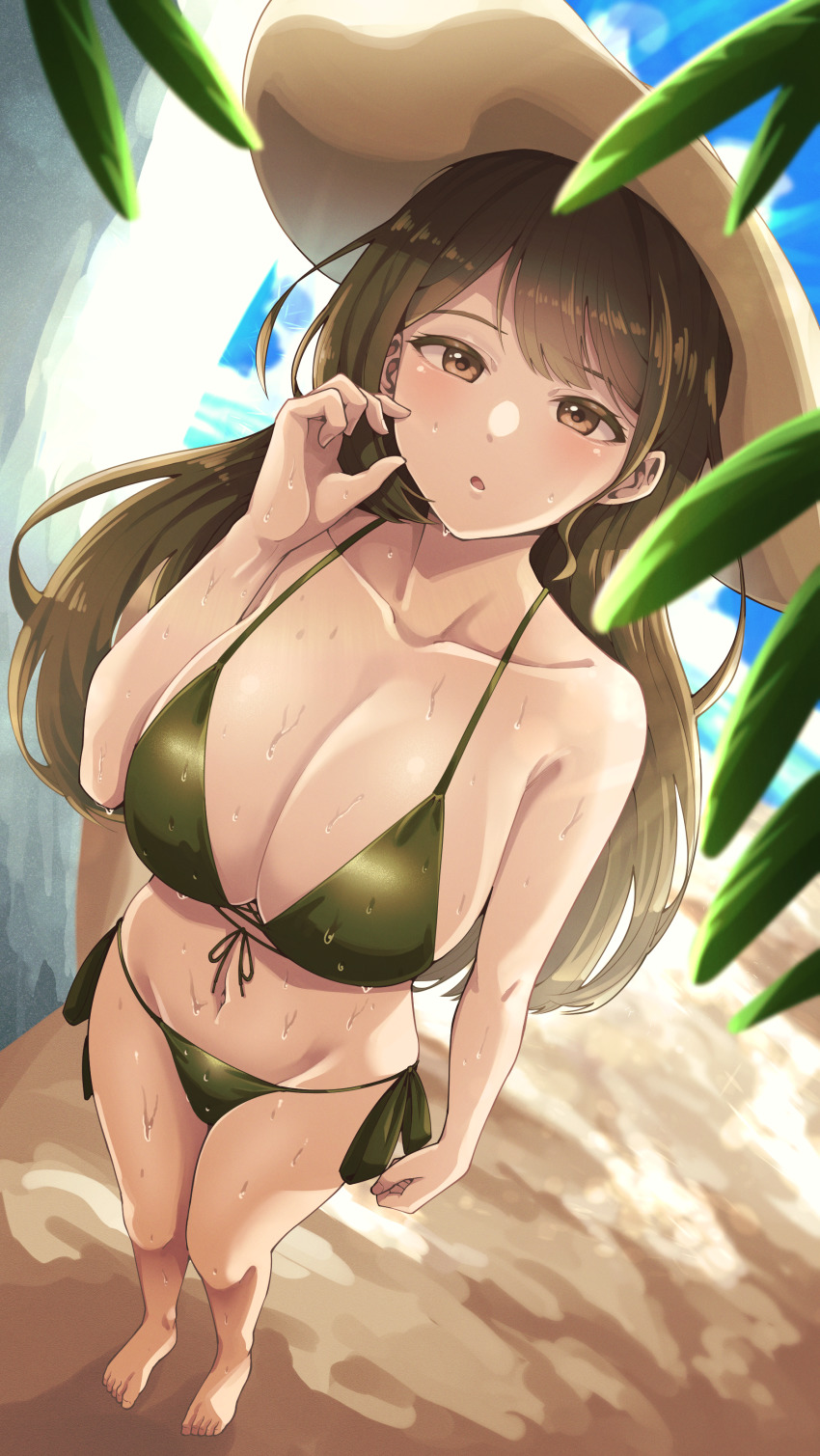 :o, absurdres, barefoot, beach_hat, bikini, breasts, brown_eyes, brown_hair