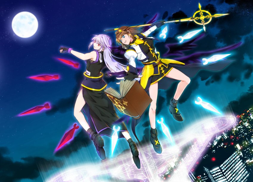 2girls, armor, back-to-back, black_dress, black_footwear, black_gloves, black_legwear, blue_eyes