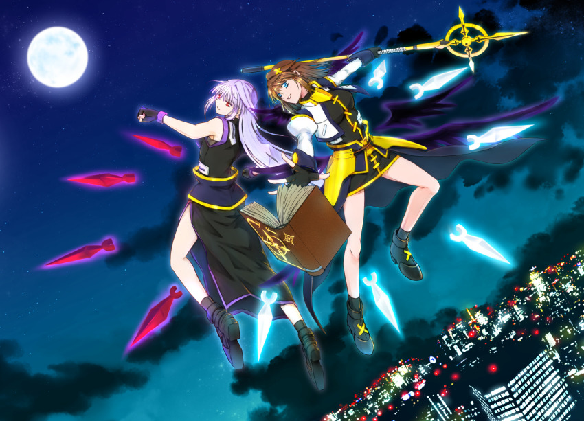 2girls, armor, back-to-back, black_dress, black_footwear, black_gloves, black_legwear, blue_eyes, brown_hair, cityscape, closed_mouth, cloud, commentary, cropped_jacket, dress, dutch_angle, eins_(senjuushi), faulds, fingerless_gloves, floating, full_moon, gloves, hair_ornament, highres, holding, holding_staff, jacket, juliet_sleeves, knife, leoheart, long_dress, long_hair, long_sleeves, looking_at_another, looking_back, lyrical_nanoha, magical_girl, mahou_shoujo_lyrical_nanoha, moon, multiple_girls, night, parted_lips, puffy_sleeves, red_eyes, reinforce, schwertkreuz, shoes, short_dress, short_hair, side_slit, silver_hair, sky, sleeveless, sleeveless_dress, smile, socks, staff, star_(sky), starry_sky, tome_of_the_night_sky, waist_cape, white_jacket, x_hair_ornament, yagami_hayate