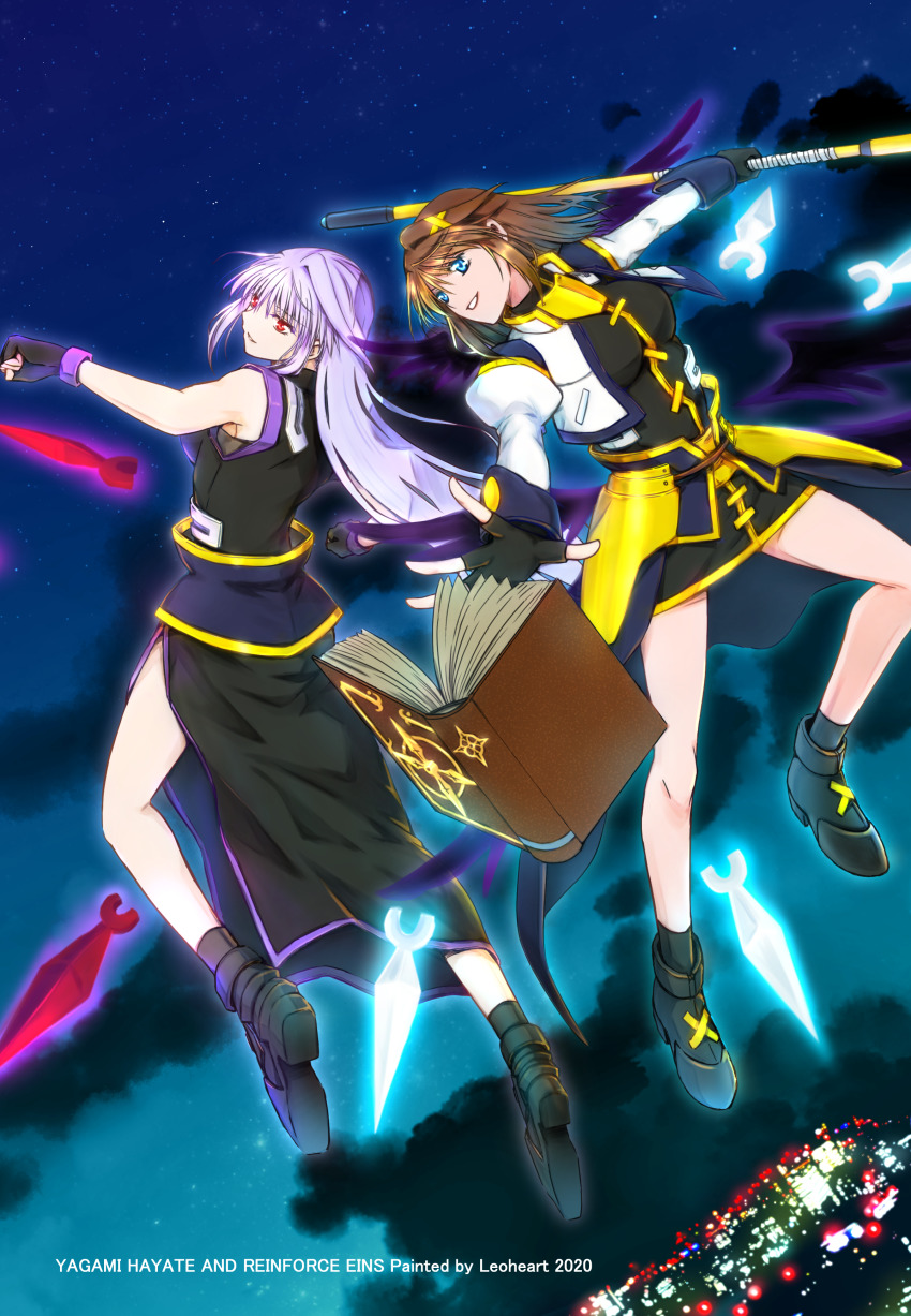 2girls, absurdres, armor, artist_name, back-to-back, black_dress, black_footwear, black_gloves