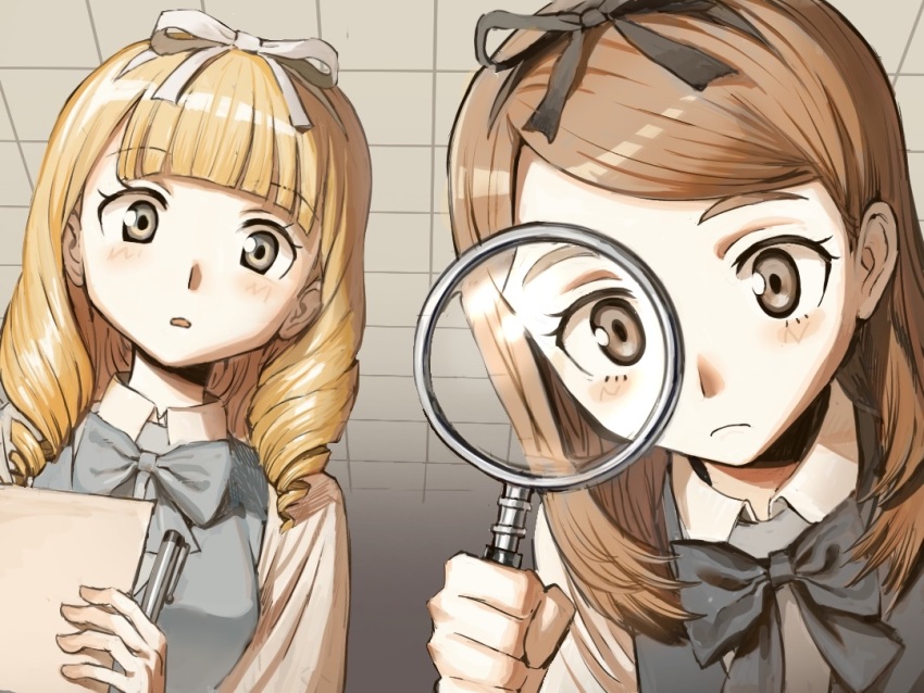 2girls, bad_id, bad_pixiv_id, blonde_hair, brown_eyes, drill_hair, from_below, hair_ribbon