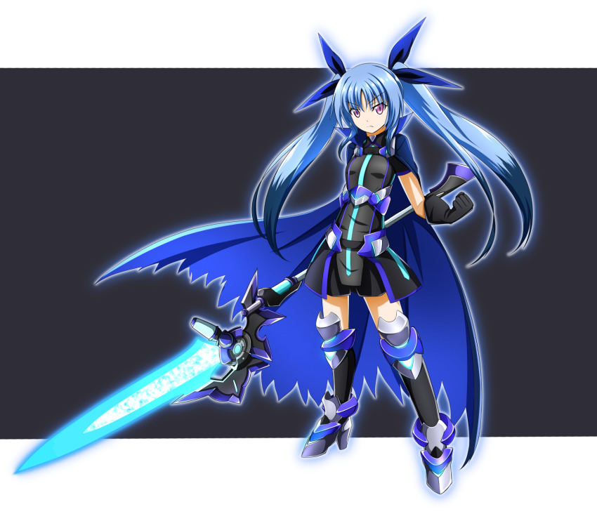 1girl, armor, black_gloves, black_shirt, black_shorts, blue_cape, blue_hair, blue_ribbon