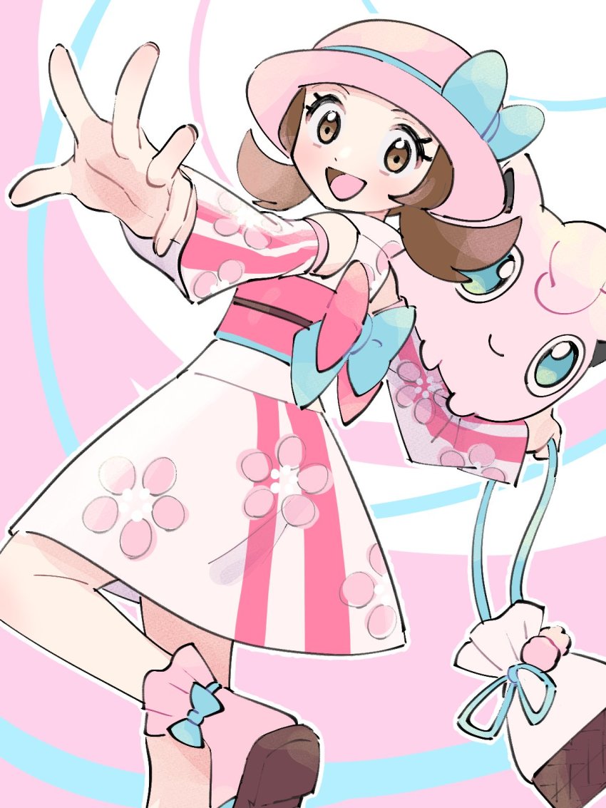 1girl, :d, alternate_color, alternate_costume, bow, bow_legwear, brown_eyes, brown_hair, commentary_request, detached_sleeves, eyelashes, floral_print, floral_print_kimono, gen_1_pokemon, hat, hat_bow, highres, holding, japanese_clothes, jigglypuff, kimono, leg_up, lyra_(pokemon), lyra_(summer_2020)_(pokemon), nintendo, official_alternate_costume, open_mouth, pink_headwear, pink_legwear, pokemon, pokemon_(creature), pokemon_masters_ex, pokemon_on_arm, pouch, print_kimono, pumpkinpan, sandals, sash, smile, socks, spread_fingers, tongue, twintails