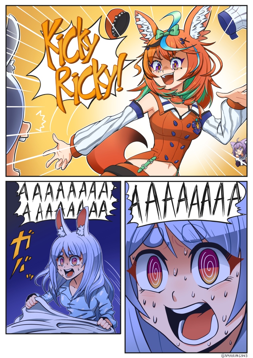 3girls, @_@, alternate_costume, alternate_hairstyle, animal_ear_fluff, animal_ears, beret, black_hairband