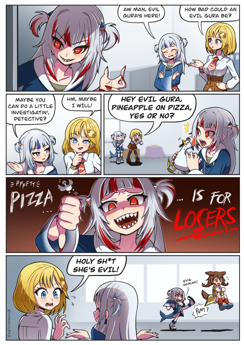 4girls, animal_ears, backwards_hat, bird, blonde_hair, blue_eyes, blue_hair, breasts, censored, censored_text, comic, crossed_arms, dark_persona, dog_ears, dog_girl, dog_tail, dual_persona, duck, english_text, evil_eyes, evil_smile, fins, fish_tail, frown, gawr_gura, gawr_gura_(1st_costume), hair_ornament, hat, highres, hololive, hololive_english, inugami_korone, inugami_korone_(1st_costume), jacket, kicking, large_breasts, multicolored_hair, multiple_girls, nail_polish, necktie, nyaring943, open_mouth, plaid_clothes, plaid_skirt, profanity, raised_eyebrow, red_eyes, red_hair, red_nails, reflect_(gawr_gura), shark_girl, shark_hair_ornament, shark_tail, sharp_teeth, silver_hair, skirt, slit_pupils, smile, streaked_hair, subaru_duck, tail, takodachi_(ninomae_ina'nis), teeth, thumbs_down, two-tone_hair, two_side_up, virtual_youtuber, watson_amelia, watson_amelia_(1st_costume), yellow_jacket