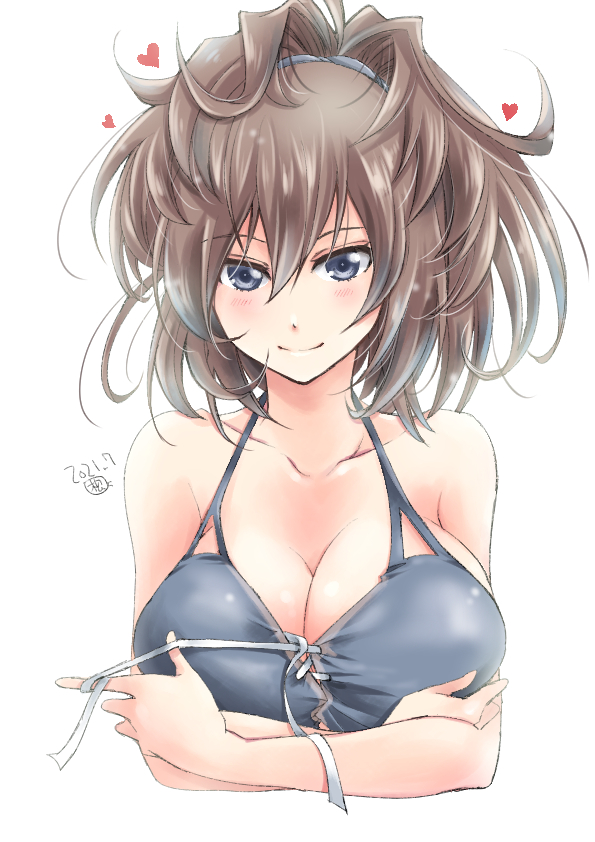 1girl, alternate_breast_size, alternate_costume, bikini, bikini_top_only, black_bikini, blue_eyes, breast_hold