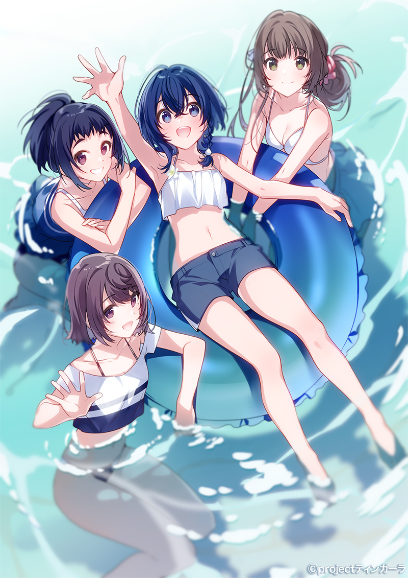 4girls, bare_shoulders, bikini, blue_eyes, blue_hair, braid, breasts, brown_hair, cleavage, denim, denim_shorts, green_eyes, hair_ornament, innertube, kudaka_karin, long_hair, looking_at_viewer, marine_day, medium_breasts, midriff, misakino_kukuru, miyazawa_fuuka, mole, mole_under_eye, multiple_girls, navel, ocean, outdoors, outstretched_arm, partially_submerged, ponytail, promotional_art, purple_eyes, purple_hair, shell, shell_hair_ornament, shiroi_suna_no_aquatope, short_hair, shorts, small_breasts, swim_ring, swimsuit, teruya_tsukimi, u35, water, waving