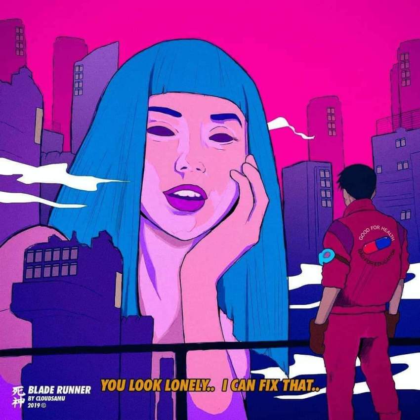 1boy, 1girl, akira_(manga), blade_runner_(series), blade_runner_2049, blue_hair, crossover, cyberpunk