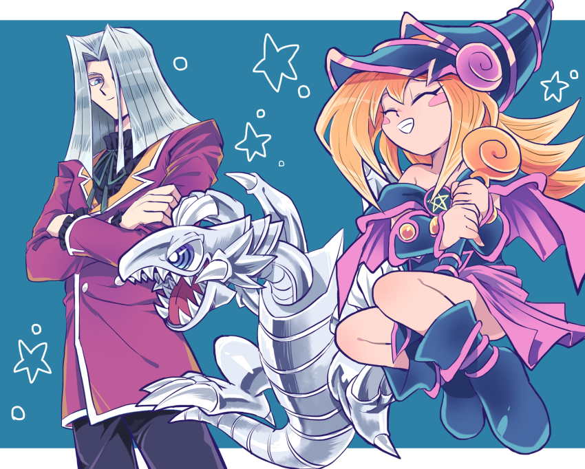 1boy, 1girl, bare_shoulders, blonde_hair, blue-eyes_toon_dragon, blue-eyes_white_dragon, blue_eyes, blush_stickers, boots, claws, closed_eyes, crossed_arms, dark_magician_girl, dragon, duel_monster, frilled_shirt_collar, frills, hair_over_one_eye, hat, highres, holding, holding_wand, knees_up, long_hair, neck_ribbon, open_mouth, pants, pegasus_j_crawford, pentagram, ribbon, roku_(rokkrn), sharp_teeth, silver_hair, smile, star_(symbol), teeth, toon_dark_magician_girl, wand, yu-gi-oh!, yu-gi-oh!_duel_monsters
