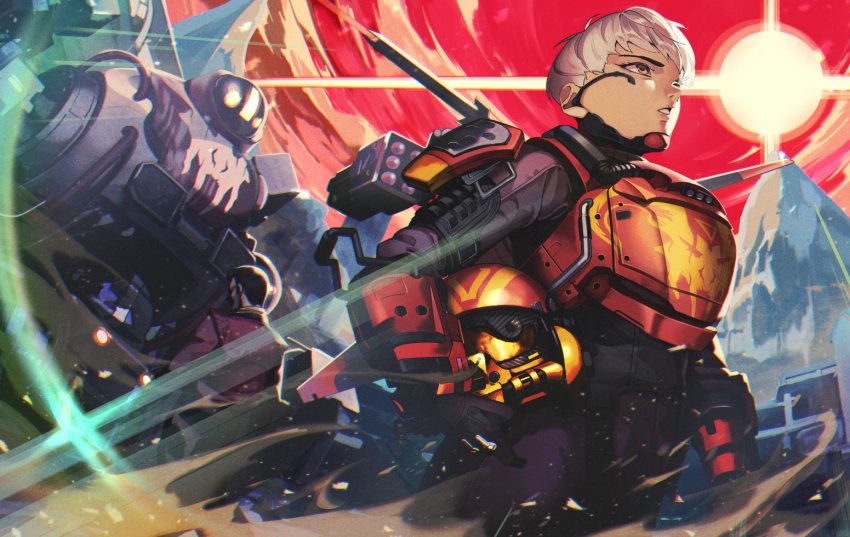 1girl, akemori, animification, apex_legends, armor, birthright_valkyrie, brown_eyes, father_and_child, father_and_daughter, hair_behind_ear, headset, helmet, holding, holding_unworn_helmet, jetpack, looking_up, mecha, mechanical_wings, missile_pod, mountain, northstar_(titanfall), parent_and_child, parted_lips, robot, science_fiction, short_hair, silver_hair, sun, titanfall_(series), titanfall_2, unworn_headwear, unworn_helmet, valkyrie_(apex_legends), wings