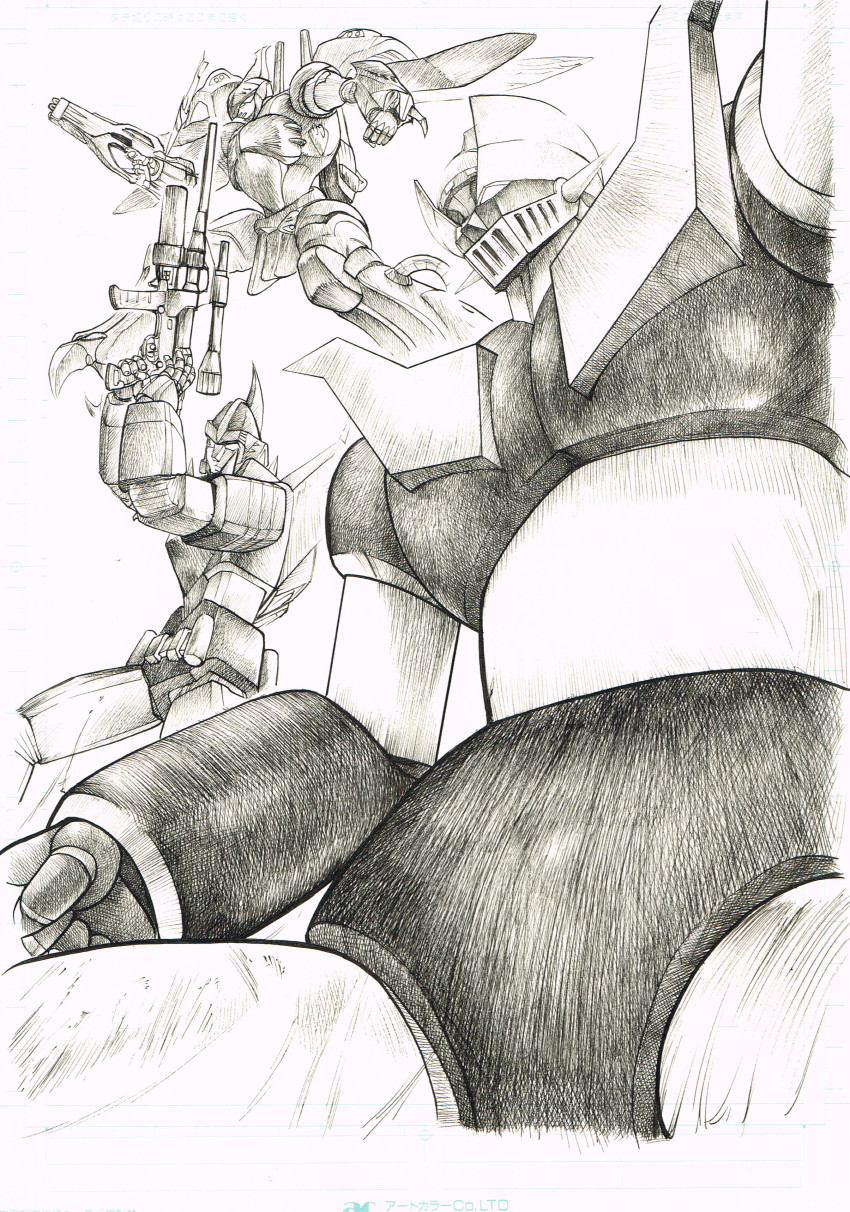 absurdres, clenched_hand, dunbine, flying, greyscale, gun, head_tilt, highres, holding, holding_gun, holding_weapon, insect_wings, looking_ahead, looking_to_the_side, mazinger_(series), mazinger_z, mazinger_z_(mecha), mecha, monochrome, muteki_choujin_zambot_3, riderman_(sword-dream), robot, seisenshi_dunbine, super_robot, weapon, wings, zambot_3