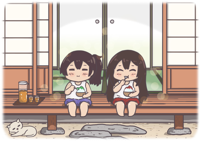 2girls, aged_down, akagi_(kancolle), blue_shorts, brown_hair, cat, closed_eyes, commentary_request, eating, facing_viewer, food, highres, jug_(bottle), kaga_(kancolle), kantai_collection, long_hair, megahiyo, multiple_girls, red_shorts, shaved_ice, shorts, sitting, sliding_doors, tank_top, veranda