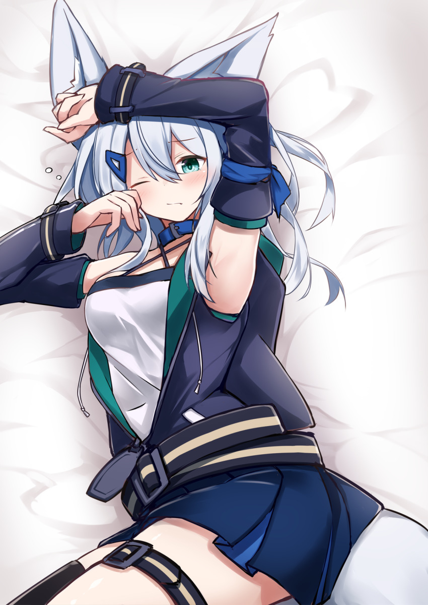 1girl, animal_ear_fluff, animal_ears, arm_up, bare_shoulders, bed_sheet, black_jacket, black_sleeves