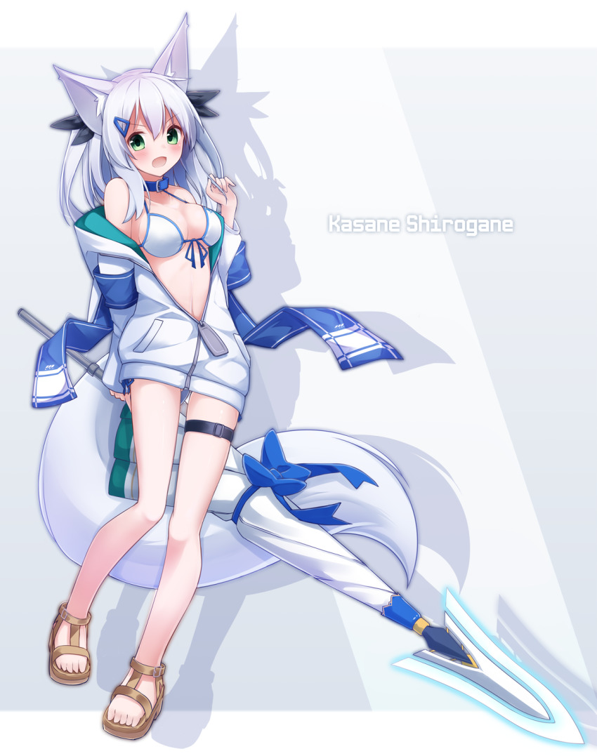 1girl, :d, animal_ear_fluff, animal_ears, beach_umbrella, bikini, bikini_under_clothes, blush