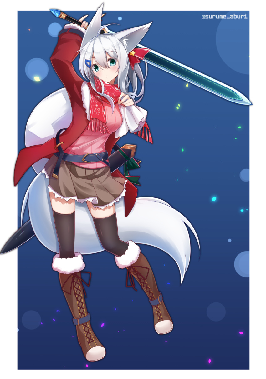 1girl, animal_ears, arm_up, black_thighhighs, blush, boots, breasts, brown_boots