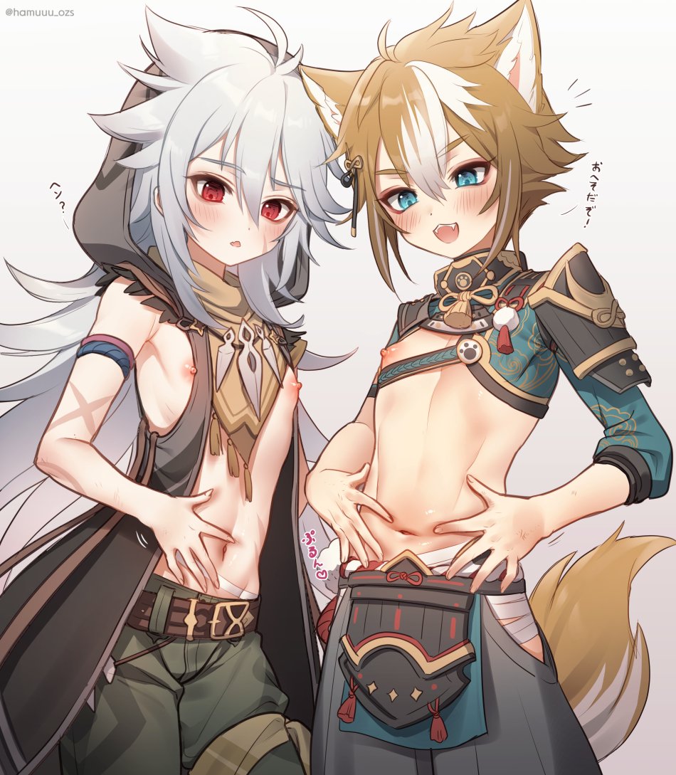 2boys, ahoge, animal_ears, armor, bandages, blue_eyes, blush, brown_hair, dog_boy, fang, fingerless_gloves, fox_boy, fox_ears, fox_tail, genshin_impact, gloves, gorou_(genshin_impact), gradient_background, grey_hair, hair_between_eyes, hair_ornament, haruya_(lajoon), hood, hood_up, japanese_clothes, long_hair, male_focus, multicolored_hair, multiple_boys, navel, pants, paw_print, razor_(genshin_impact), red_eyes, scar, scar_on_arm, scar_on_face, shota, streaked_hair, sweat, tail, tassel, translation_request, twitter_username, white_hair