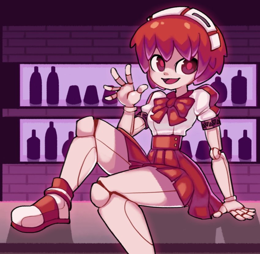 1girl, android, blouse, bob_cut, bottle, doll_joints, dorothy_haze, hairband