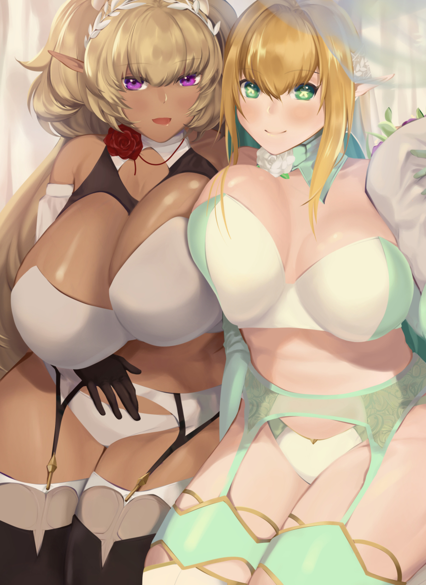 +_+, 2girls, bare_shoulders, black_gloves, blonde_hair, blush, bouquet, bra, breasts, dark-skinned_female, dark_elf, dark_elven_forest_ranger, dark_skin, detached_collar, elbow_gloves, elf, elven_forest_maker, flower, garter_belt, gloves, green_eyes, hair_between_eyes, head_wreath, highres, huge_breasts, last_origin, long_hair, multiple_girls, panties, pointy_ears, purple_eyes, red_flower, red_rose, revealing_clothes, ritasato, rose, smile, thighhighs, underwear, very_long_hair, white_bra, white_flower, white_gloves, white_panties, white_rose