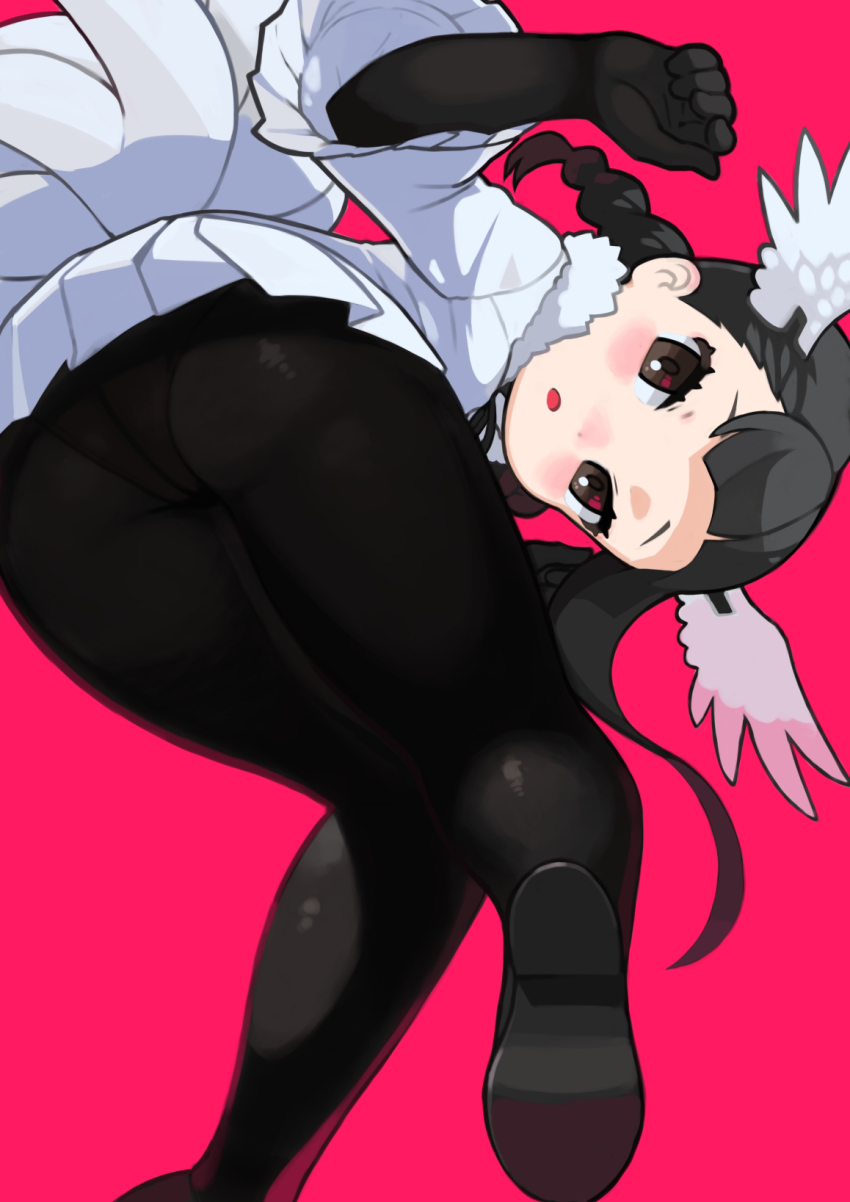1girl, :o, ass, ass_focus, asymmetrical_hair, bent_over, bird_girl, bird_tail, bird_wings, black-headed_ibis_(kemono_friends), black_gloves, black_hair, black_pantyhose, black_ribbon, blouse, blunt_bangs, braid, brown_eyes, clenched_hands, dot_nose, eyelashes, feathered_wings, foot_out_of_frame, frilled_sleeves, frills, from_behind, from_below, from_side, fur_collar, gloves, hair_pulled_back, hands_up, head_wings, highres, kemono_friends, kemono_friends_3, leg_up, long_hair, long_sleeves, looking_at_viewer, looking_back, looking_down, looking_to_the_side, low_twintails, miniskirt, neck_ribbon, panties, panties_under_pantyhose, pantyhose, pantyshot, parted_bangs, parted_lips, pink_background, pleated_skirt, ribbon, rinx, shirt, shoe_soles, simple_background, single_sidelock, skirt, solo, standing, standing_on_one_leg, tail, thighs, tsurime, twin_braids, twintails, underwear, upskirt, w_arms, white_shirt, white_skirt, wide_sleeves, wings