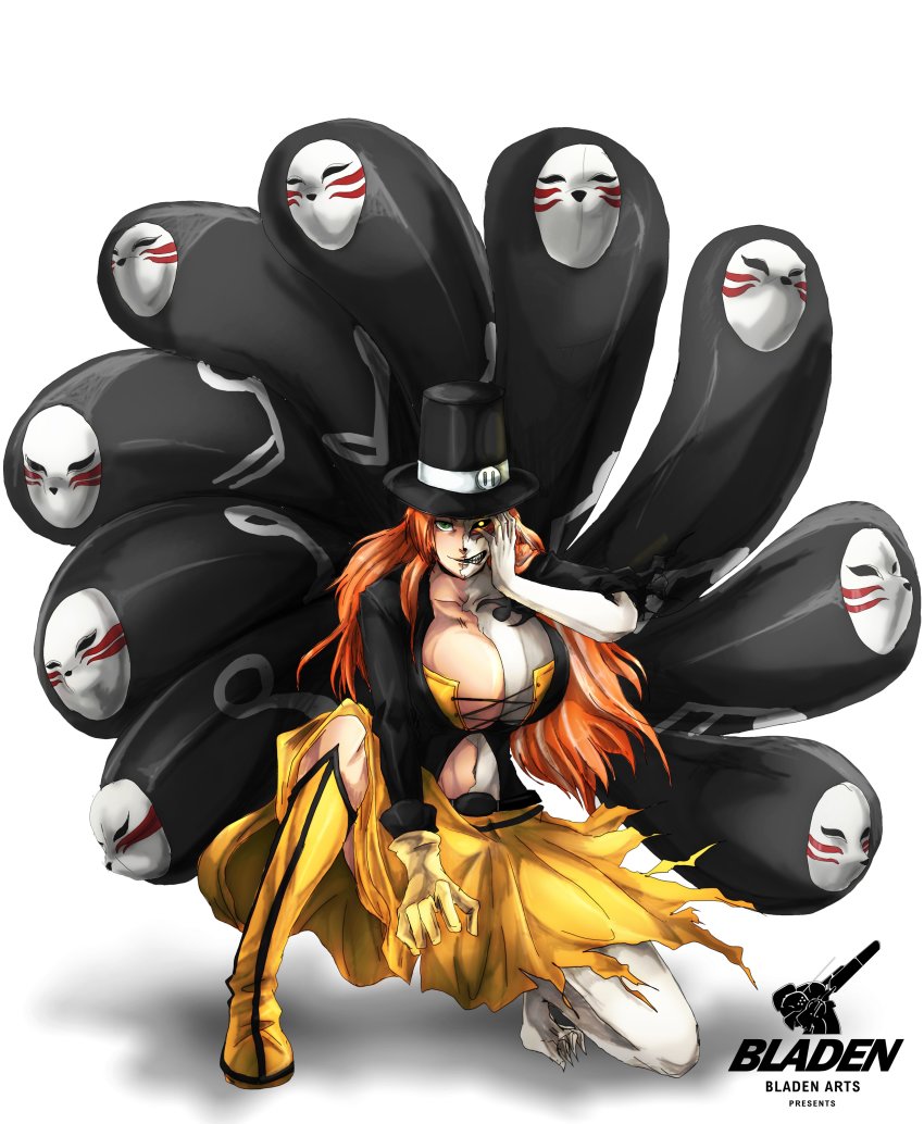 1girl, absurdres, black_feathers, black_sclera, bladen_art, boots, borrowed_character, breasts