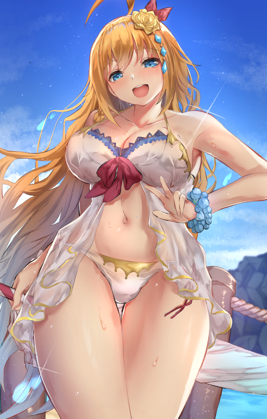 1girl, bare_hips, bare_shoulders, bikini, blonde_hair, blue_eyes, bracelet, breasts